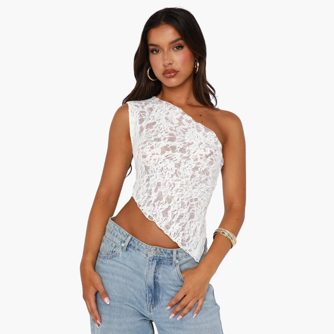 White lace one-shoulder top women asymmetrical cut elegant stageworthy bold fashion style