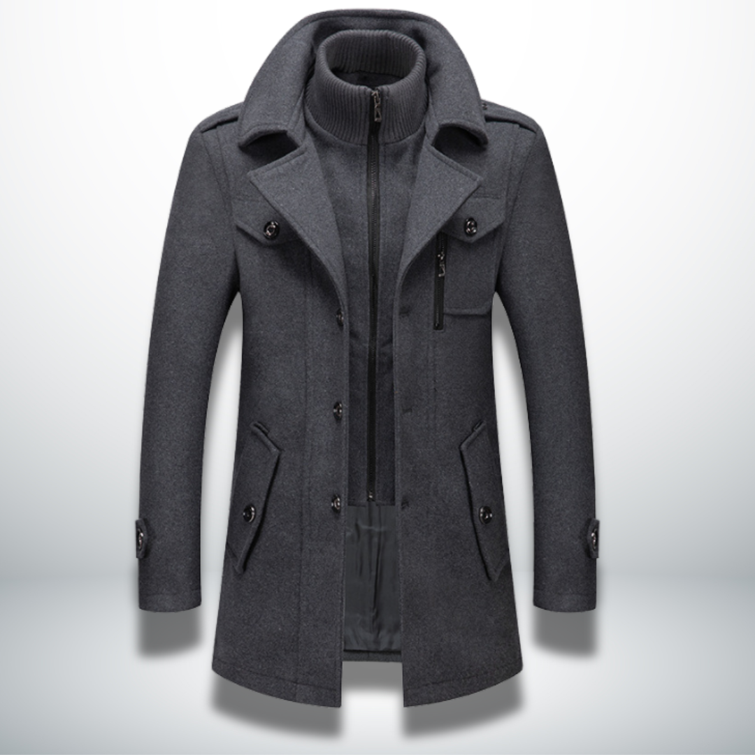 Men's winter long coat stand collar structured silhouette everyday style black tailored overcoat