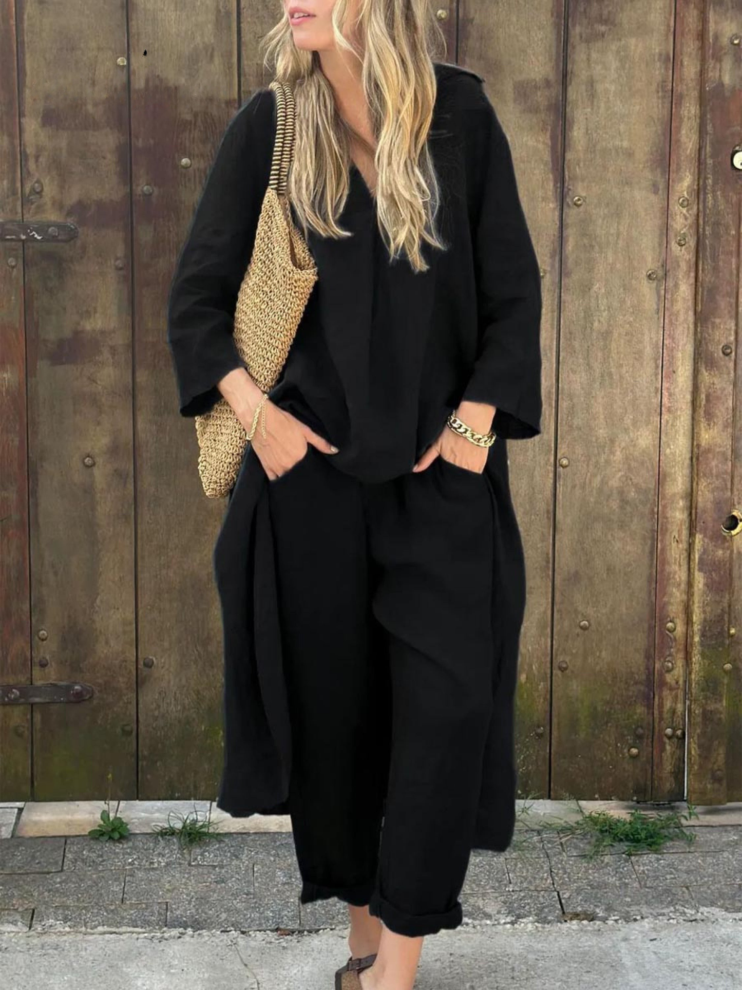 Women's linen co-ord set loose V-neck top high-waisted wide-leg pants irregular hem with pockets