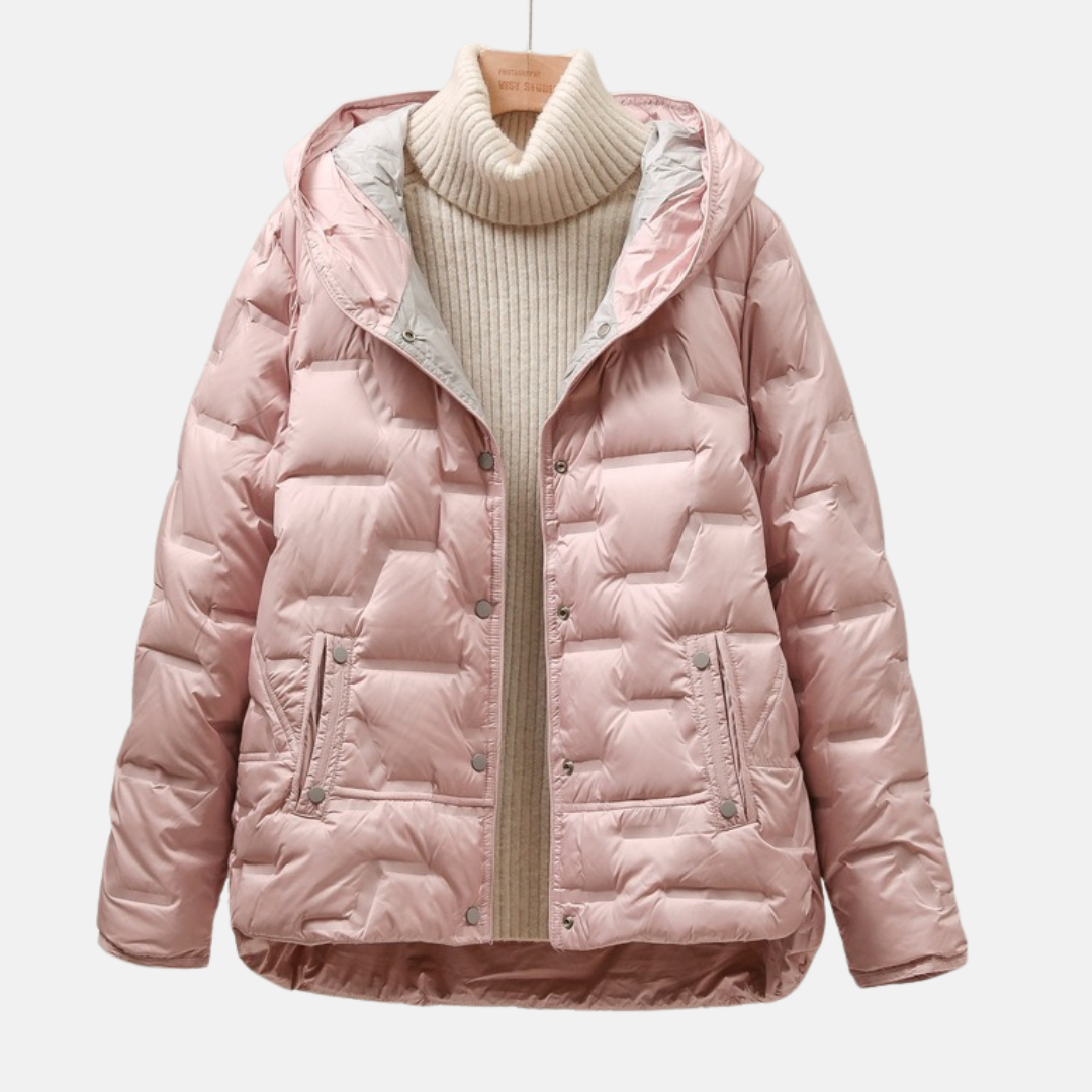 Women's quilted puff jacket with attached hood, relaxed silhouette, snap button closure, casual fall layer