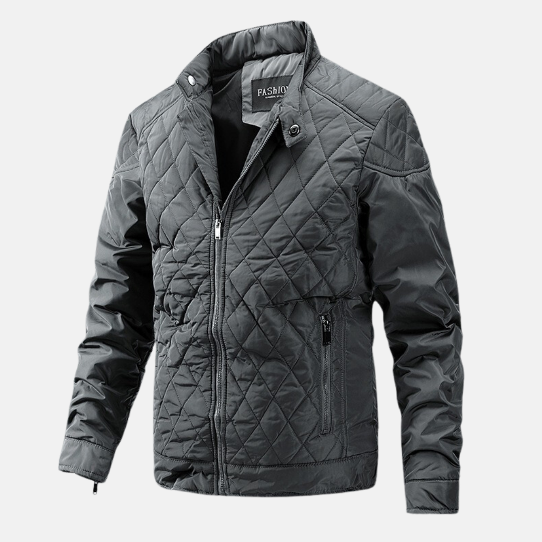 Men's slim fit wool blend quilted jacket with diamond pattern and stand collar, all-season winter coat