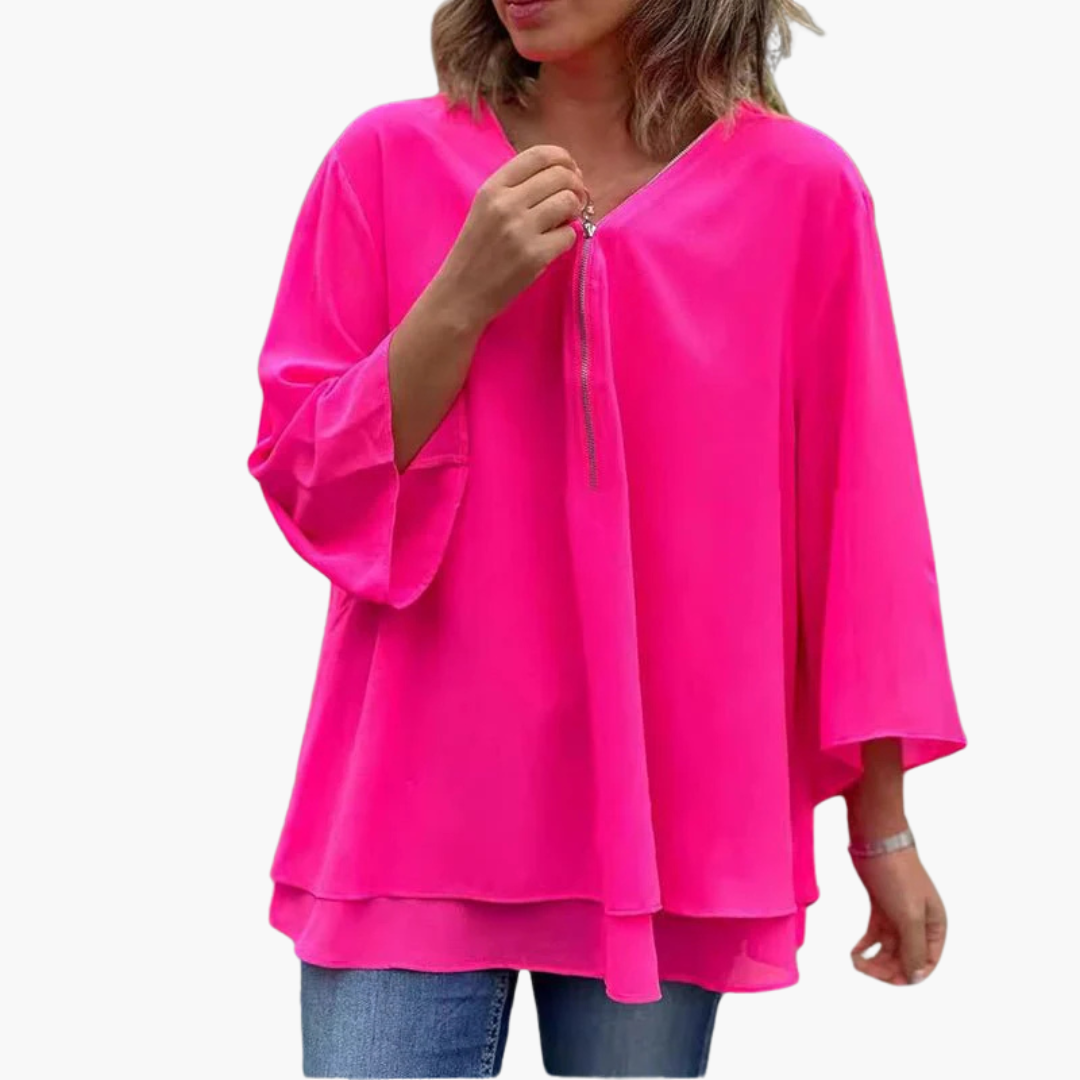 Women's half-zip long sleeve V-neck casual top in neutral tone with comfortable relaxed fit