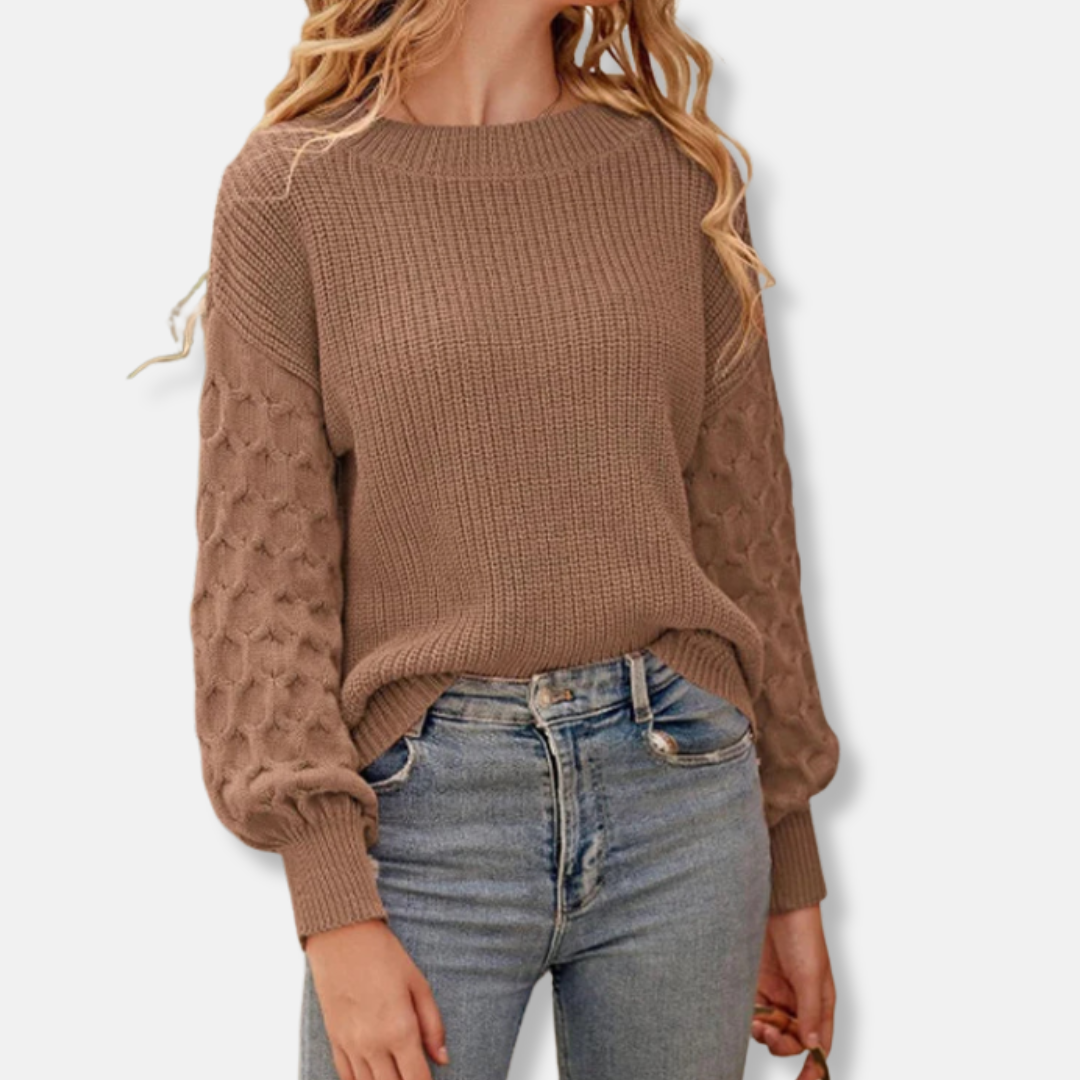 Women's knit pullover sweatshirt relaxed fit balloon sleeves round neck casual chic everyday