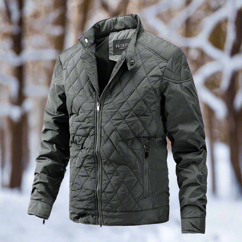 Men's slim fit quilted jacket high collar zip pockets outdoor winter essential refined silhouette
