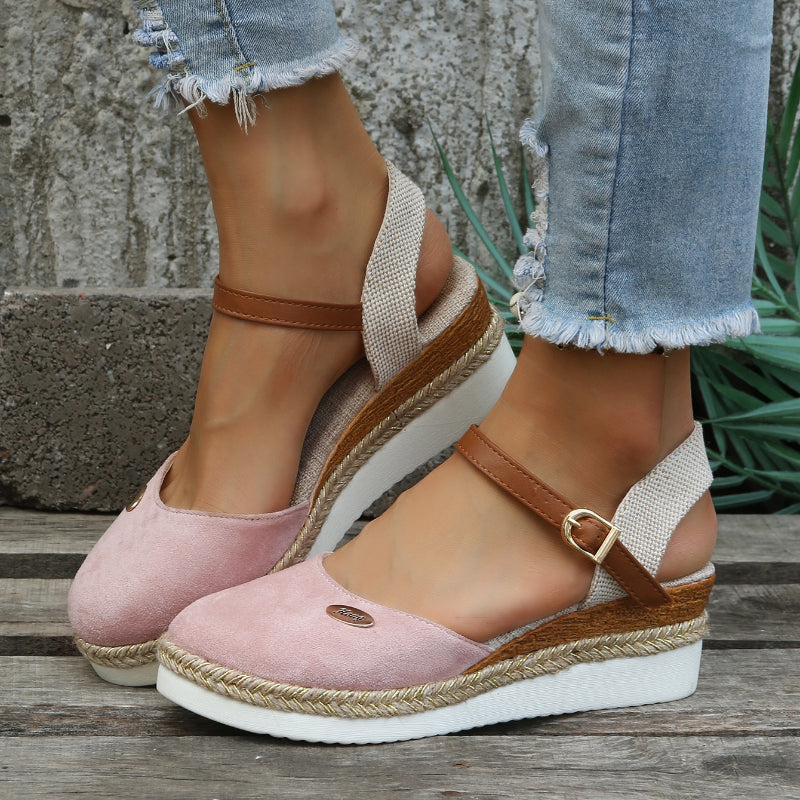 Women's closed-toe platform espadrilles with jute-wrapped midsole and adjustable ankle strap