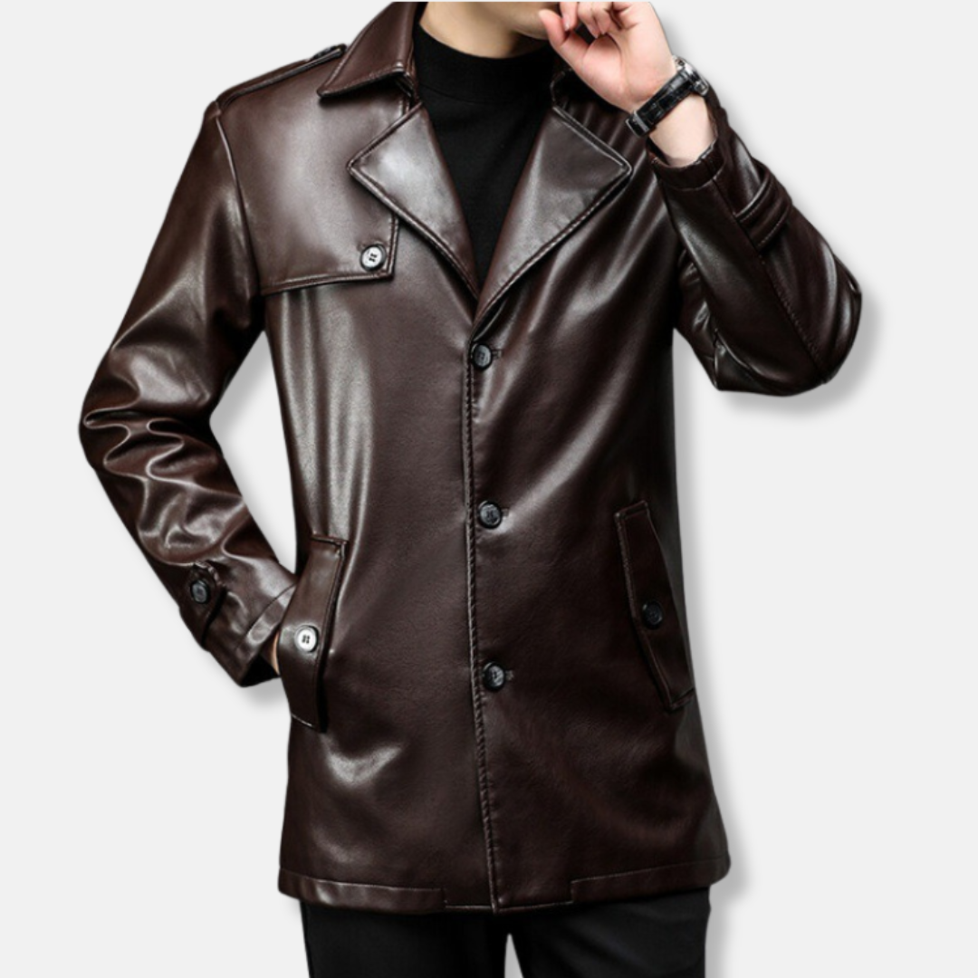 Men's black faux leather trench coat mid-thigh length with notched lapel smart casual outerwear