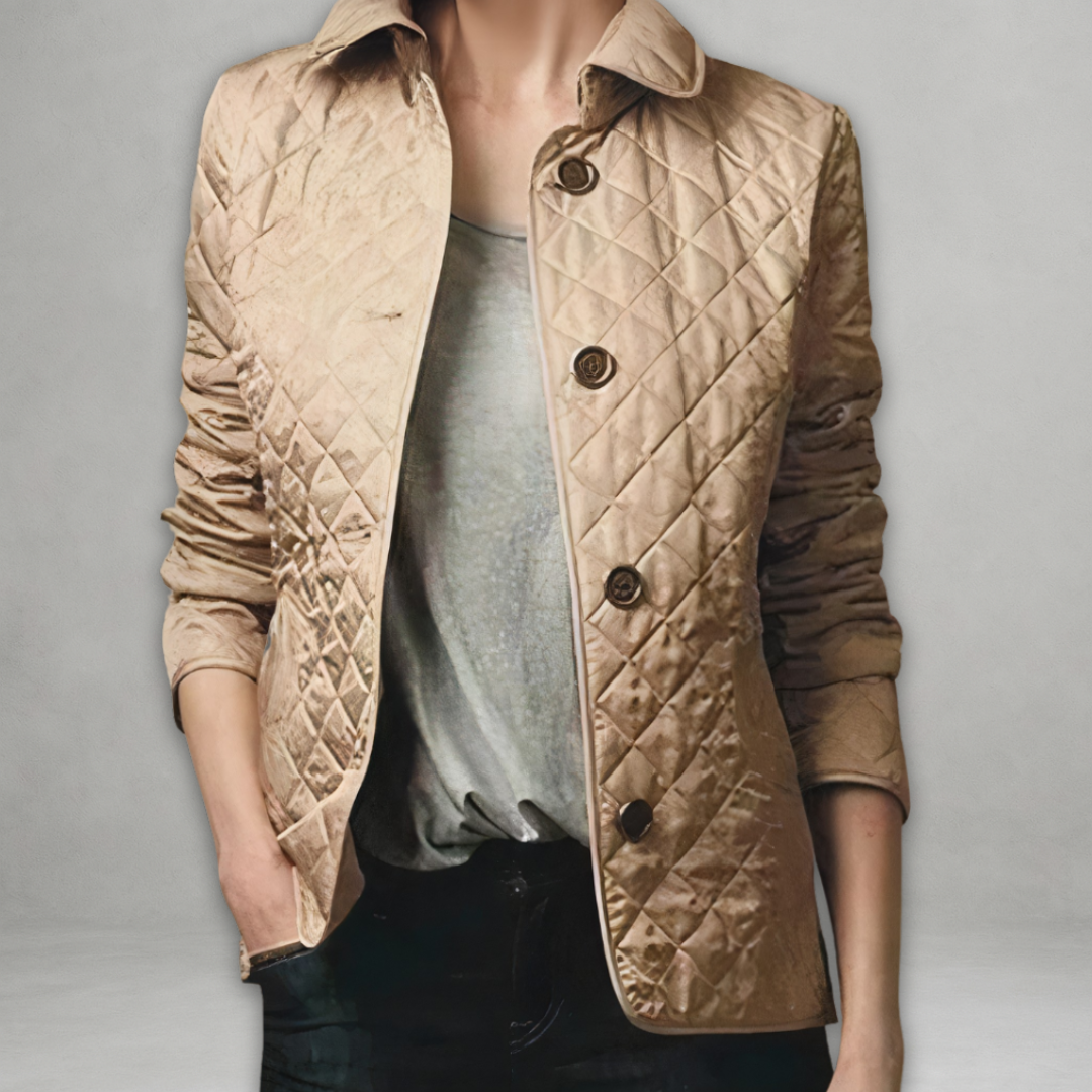Black quilted button-front jacket tailored silhouette with structured texture for city wear