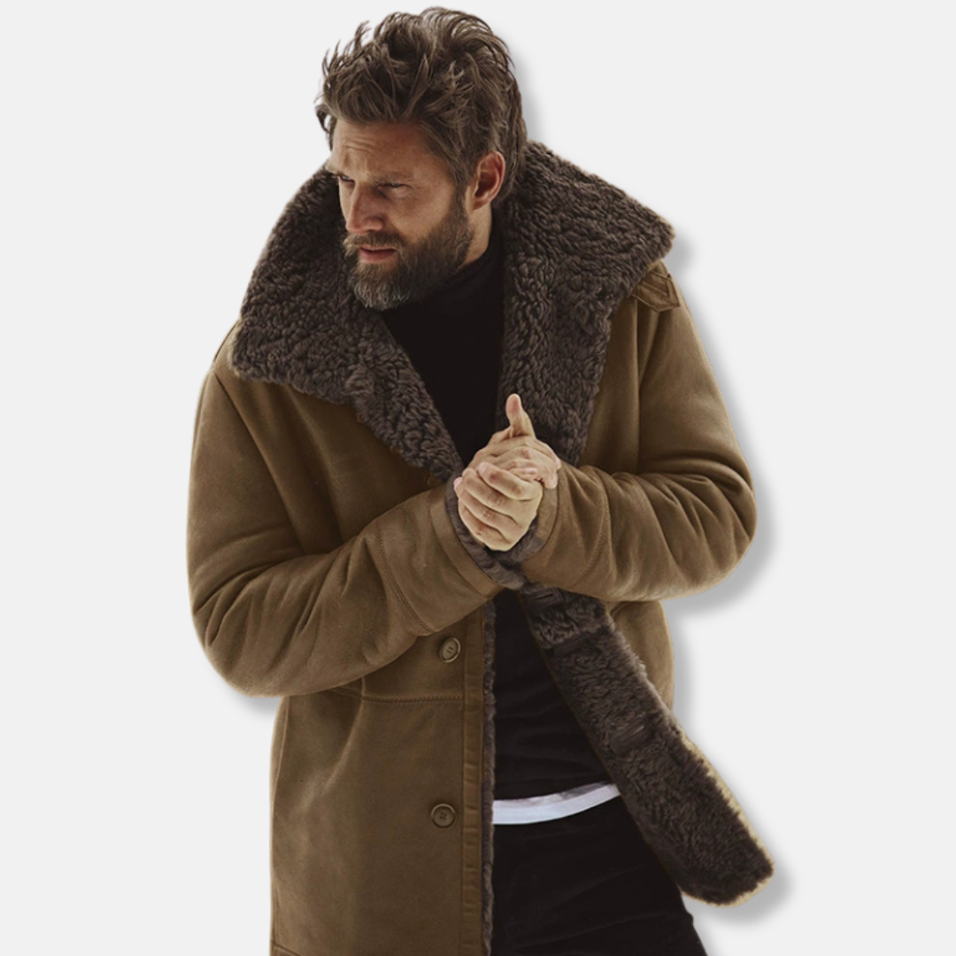 Men's relaxed fit mid-thigh coat with luxurious shearling collar in classic winter style