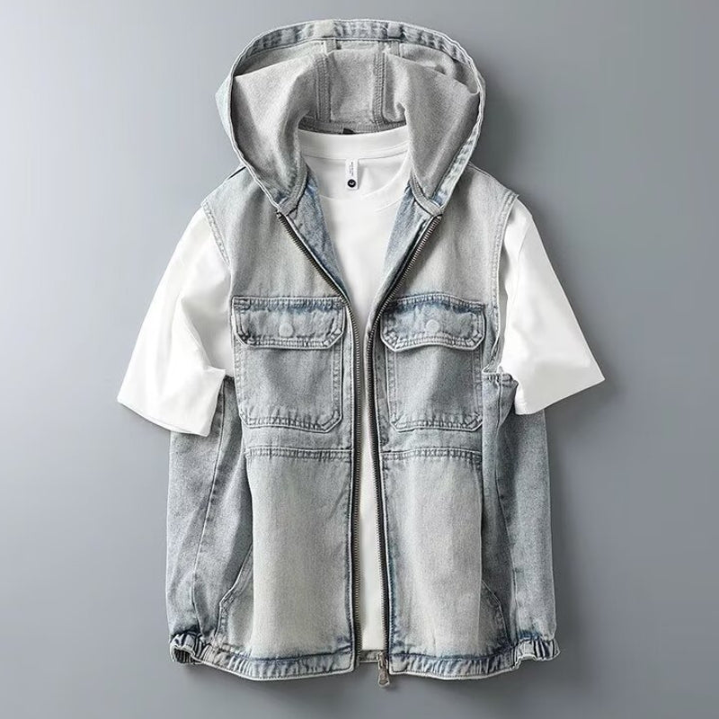 Unisex washed denim vest with soft-lined hood, vintage Americana style, lightweight everyday layering piece