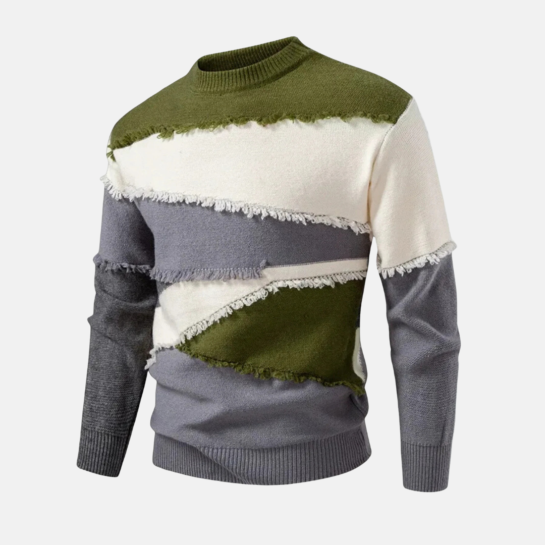 Men's colorblock mock neck knit sweater in neutral tones with raw-edge finish for smart casual style