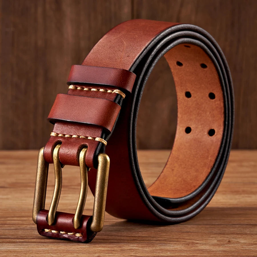 Men's full-grain leather belt tailored fit with brass double-prong buckle in rich brown