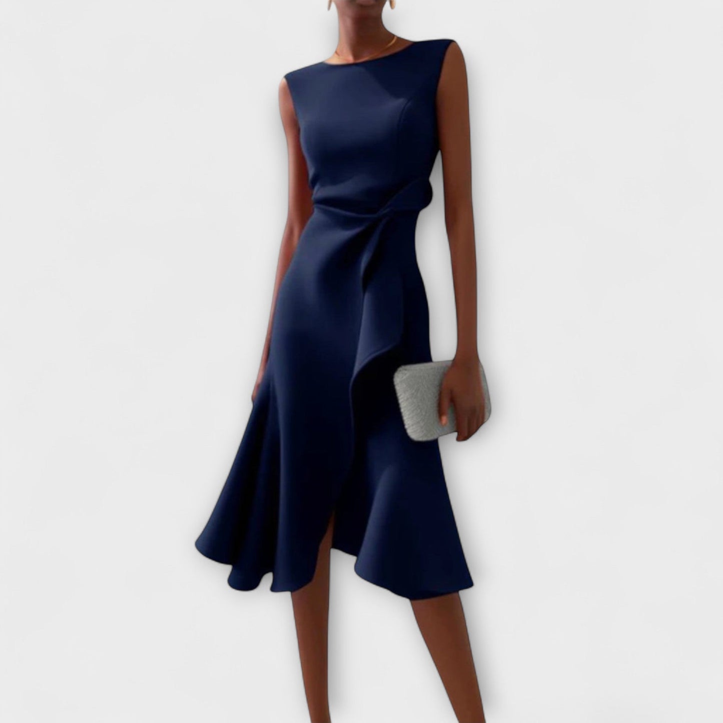 Sleeveless midi cocktail dress with fitted waist, asymmetric ruffle, and elegant sleeveless silhouette