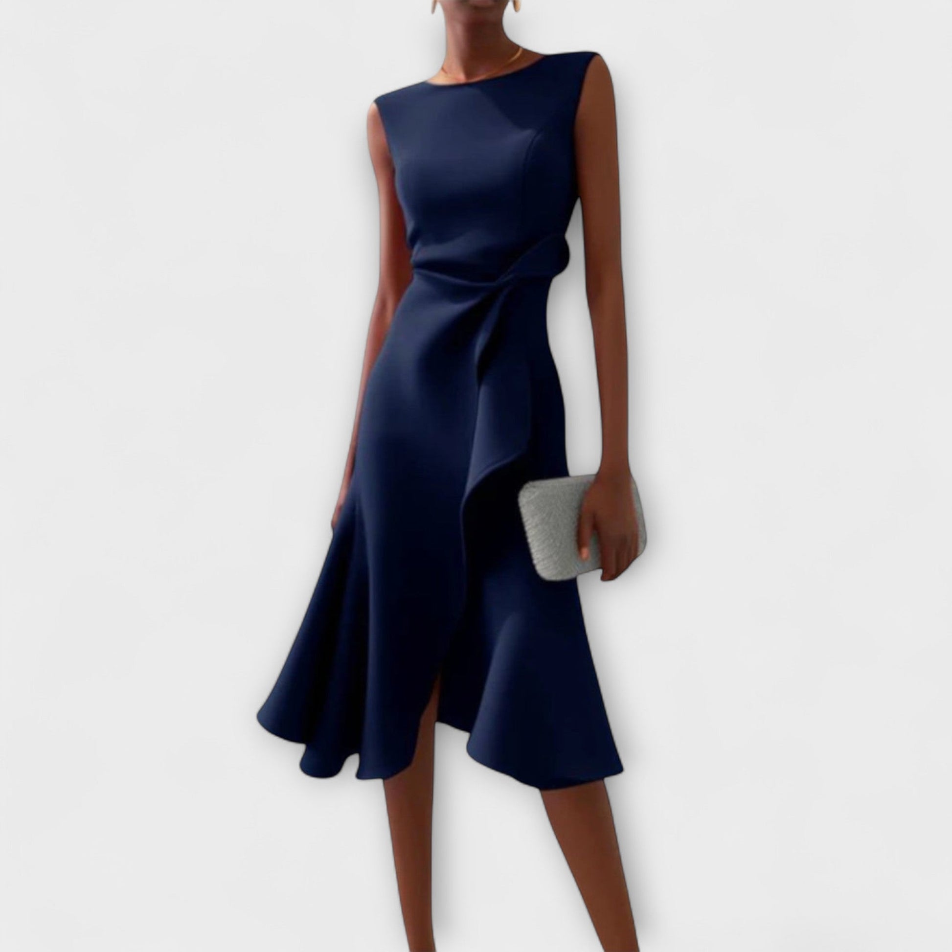 Sleeveless midi cocktail dress with fitted waist, asymmetric ruffle, and elegant sleeveless silhouette