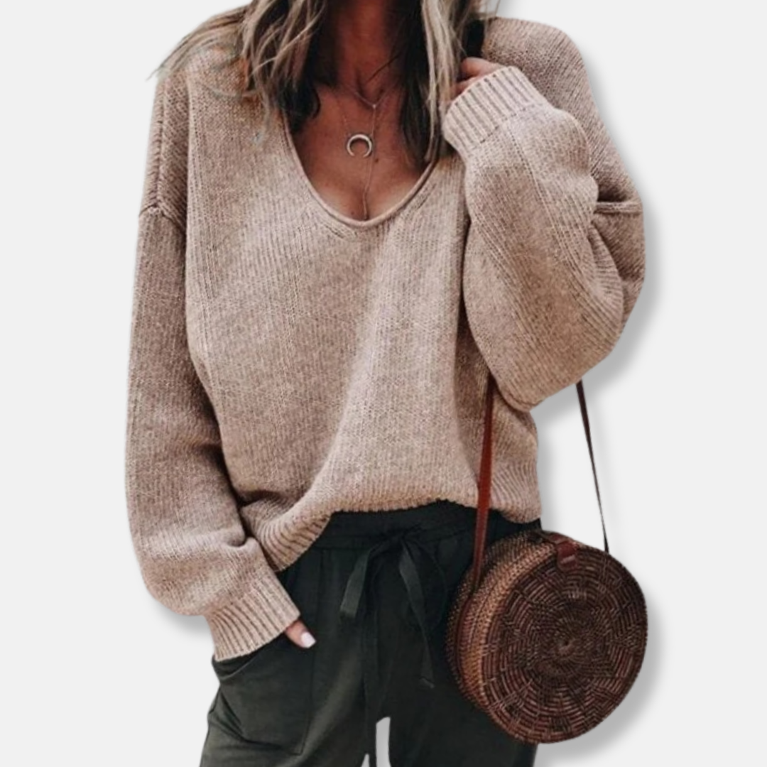 Women's relaxed fit deep V-neck knit sweater in soft wool blend, cozy everyday long sleeve style