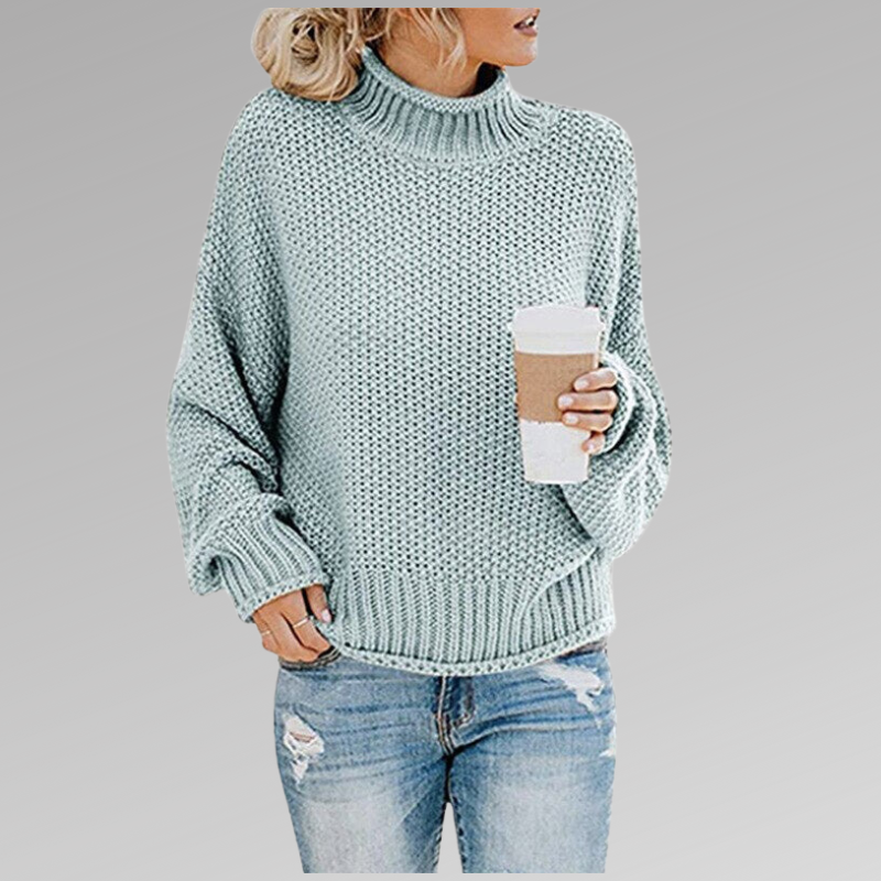 Women's high neck knit pullover sweater in solid orange cozy long-sleeve polyester knit fall style