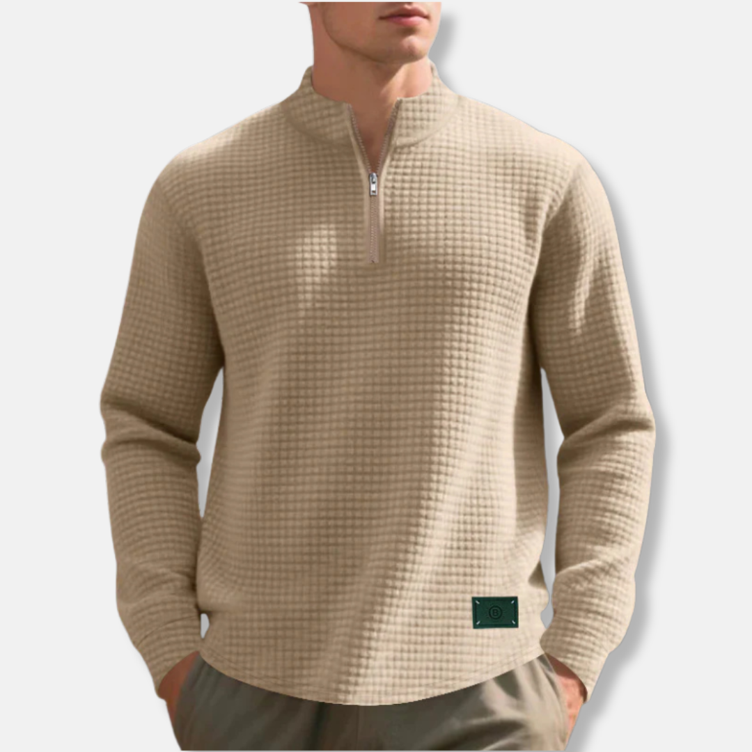 Men's gray waffle knit mock neck quarter-zip sweater regular fit with textured fabric detail