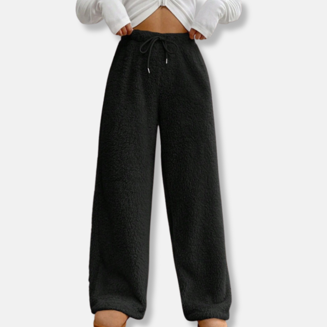 Women's plush fleece lounge pants loose wide-leg fit with drawstring waist cozy home comfort style