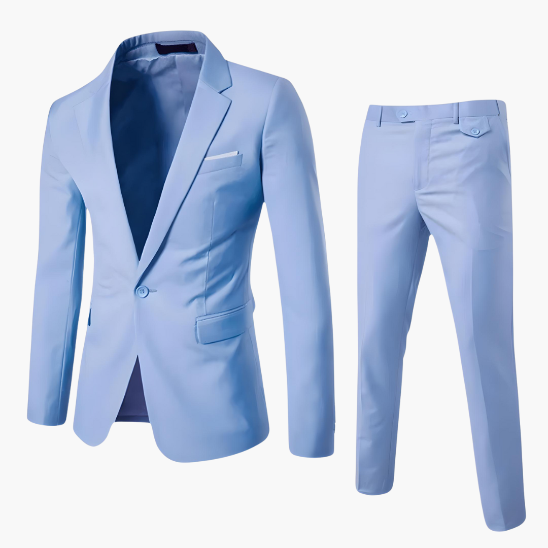 Men's slim fit suit set navy blue lightweight blazer and trousers single-button notched lapel professional wear