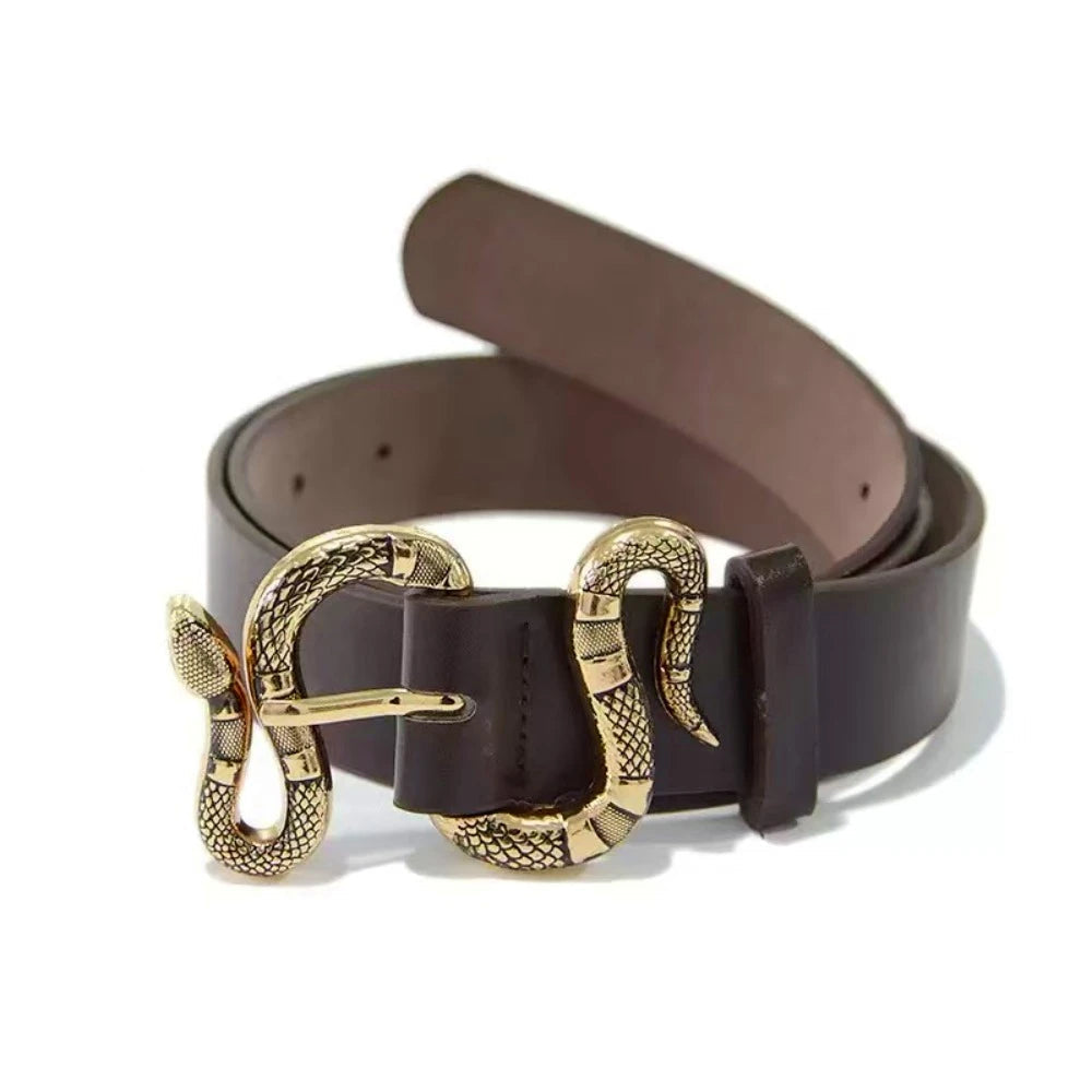 Black vegan leather waist belt with sculpted gold snake buckle, matte finish, women's statement accessory