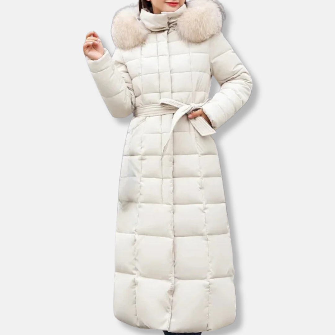 Women's black quilted longline coat slim fit belted waist with fur-trimmed hood cold weather