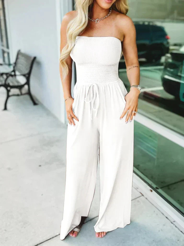 Women's light breathable wide-leg jumpsuit with smocked bodice and adjustable drawstring waist