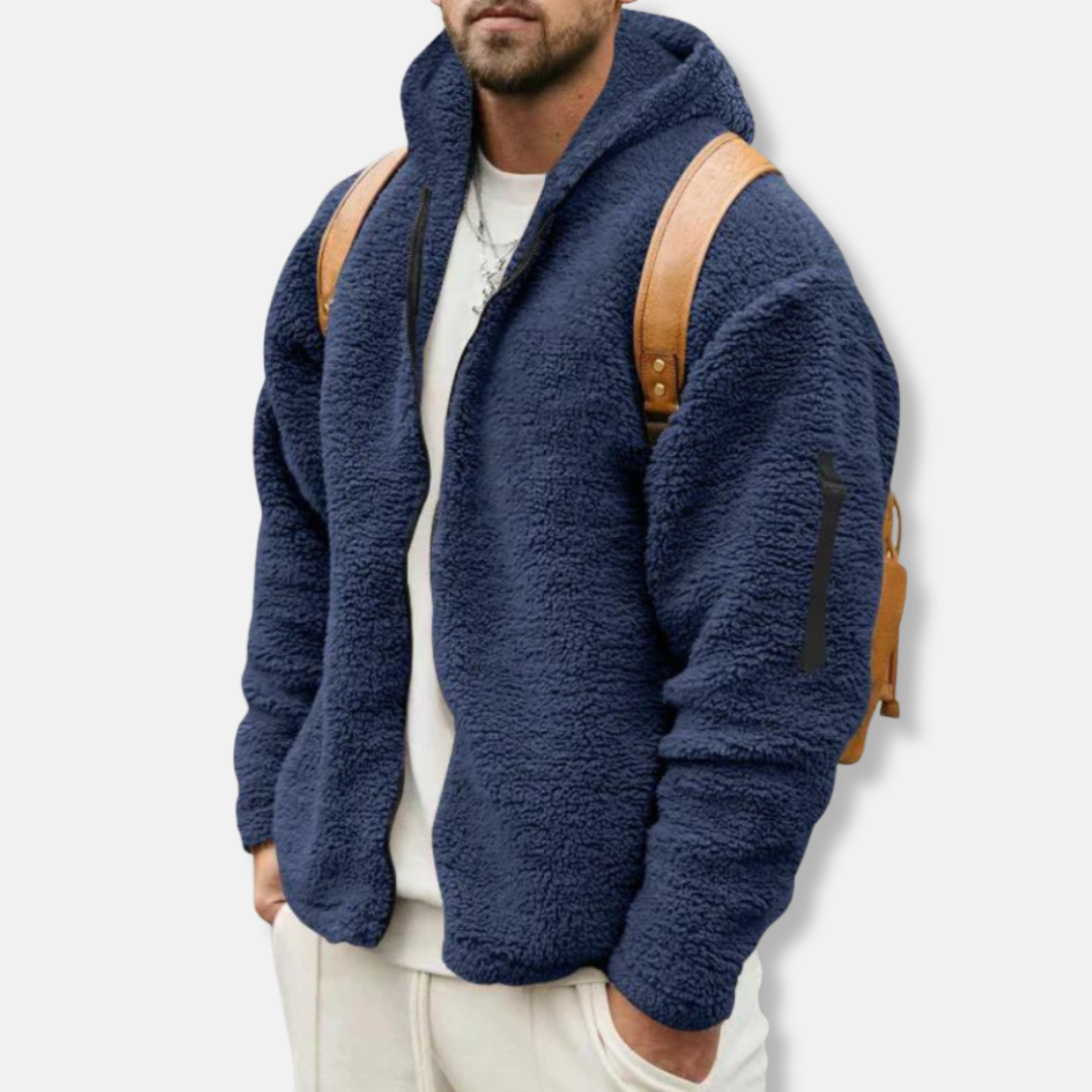 Men's zip-up sherpa fleece hoodie relaxed fit with full zip and ribbed edges for winter warmth