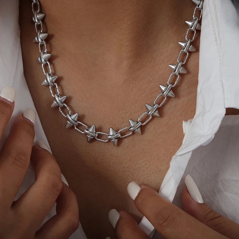 Vulcan spike chain necklace titanium unisex bold oversized links with sharp cone spikes industrial style