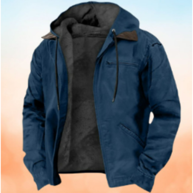Men's hooded casual zip-up jacket with drawstring hood and front pockets, relaxed everyday fit