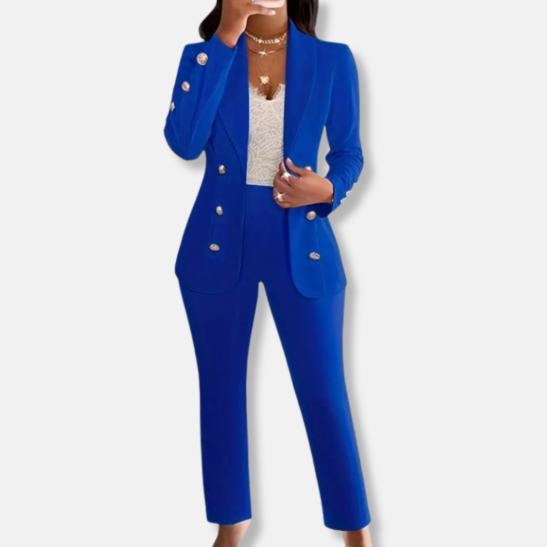 Women's slim-fit double-breasted shawl collar blazer straight-leg trousers two-piece professional set