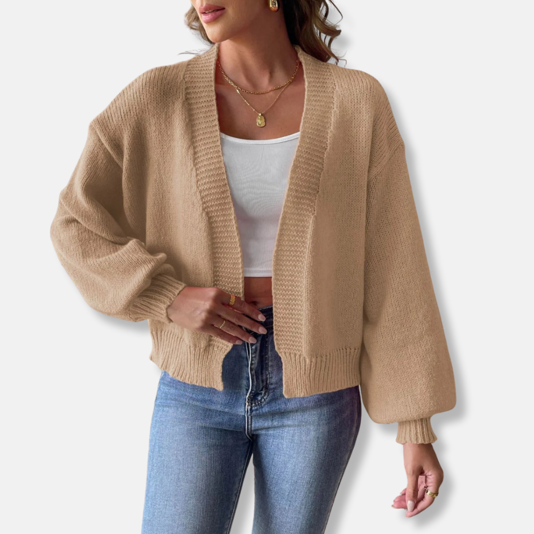 Women's cropped knit blend cardigan relaxed fit with dramatic lantern sleeves for chic everyday style