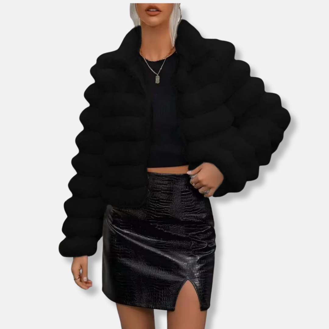 Women's faux fur cropped jacket beige stand-up collar long sleeve plush chic winter outerwear