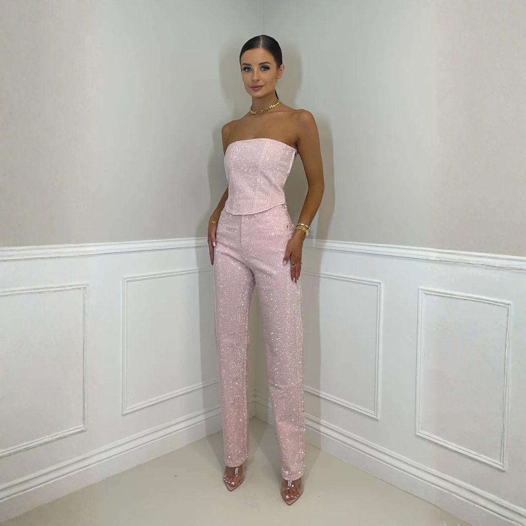 Women's silver sparkle strapless tube outfit set fitted bodice straight-leg shimmering fabric