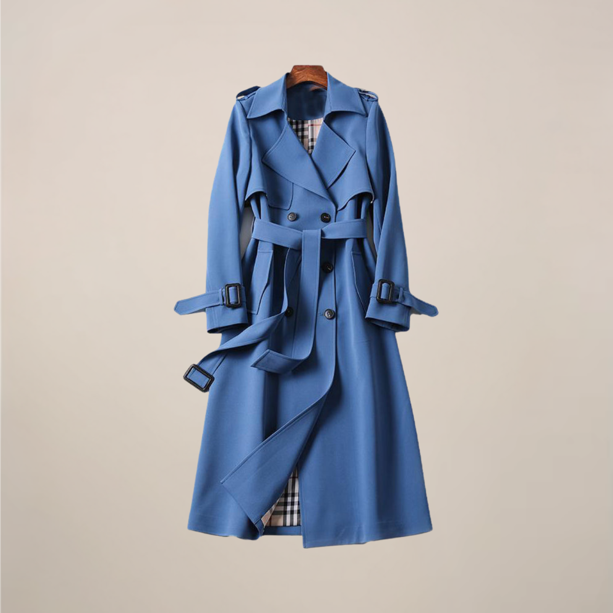 Women's beige belted trench coat double-breasted silhouette with structured lapels