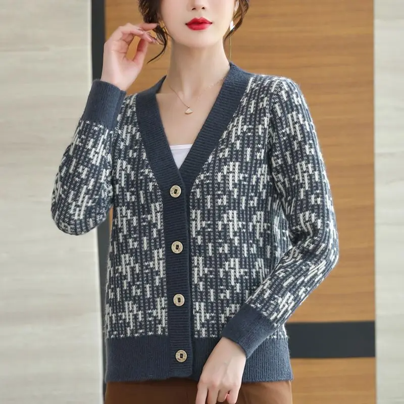 Women's soft knit cardigan lightweight jacquard button-front cozy layering piece in neutral tone