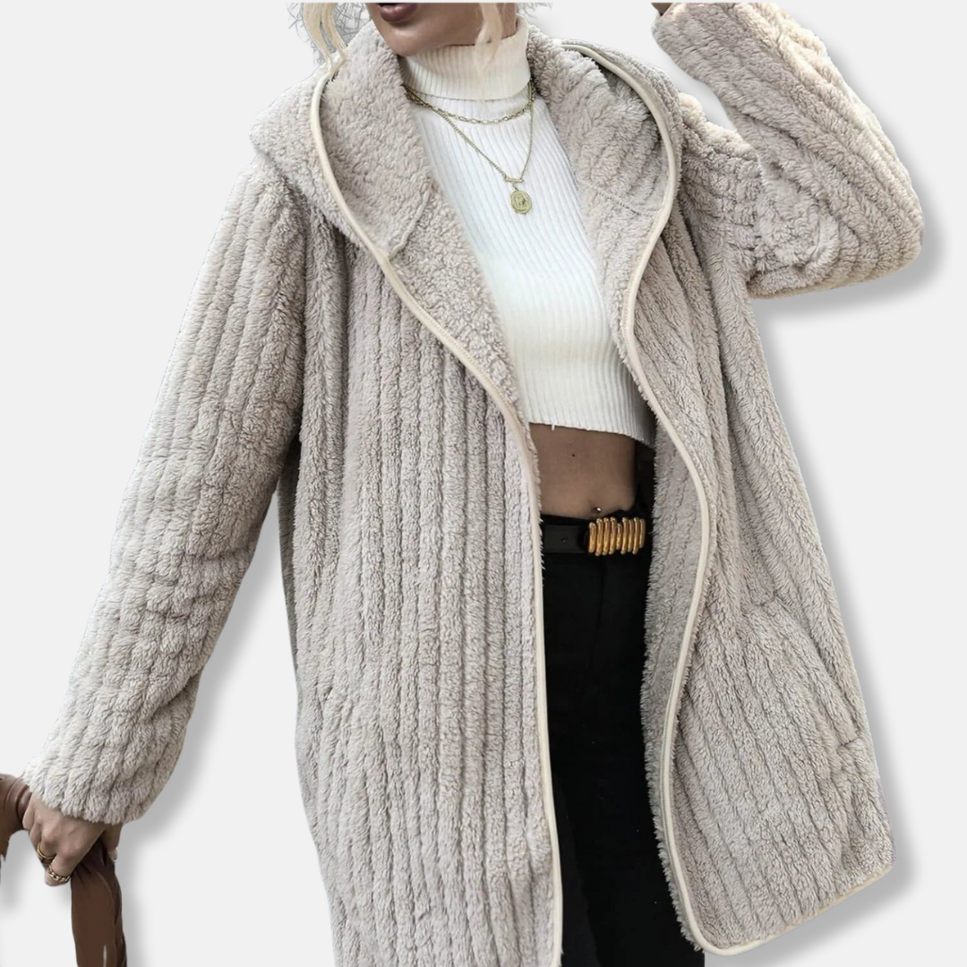 Women's oversized fleece hooded cardigan soft ribbed texture relaxed fit open front cozy winter layer