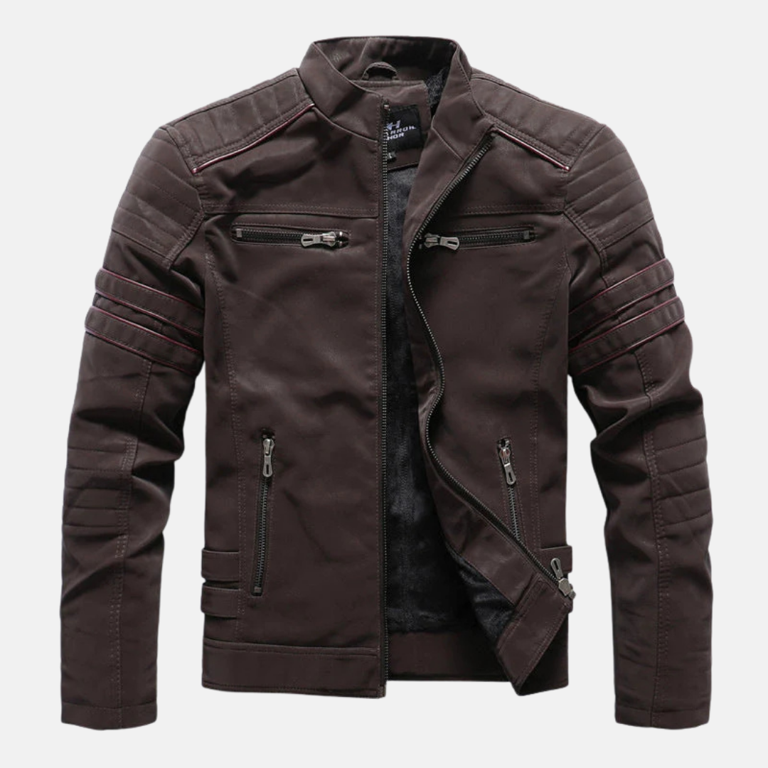 Men black faux leather slim fit jacket stand collar ribbed panels hip length streetwear essential