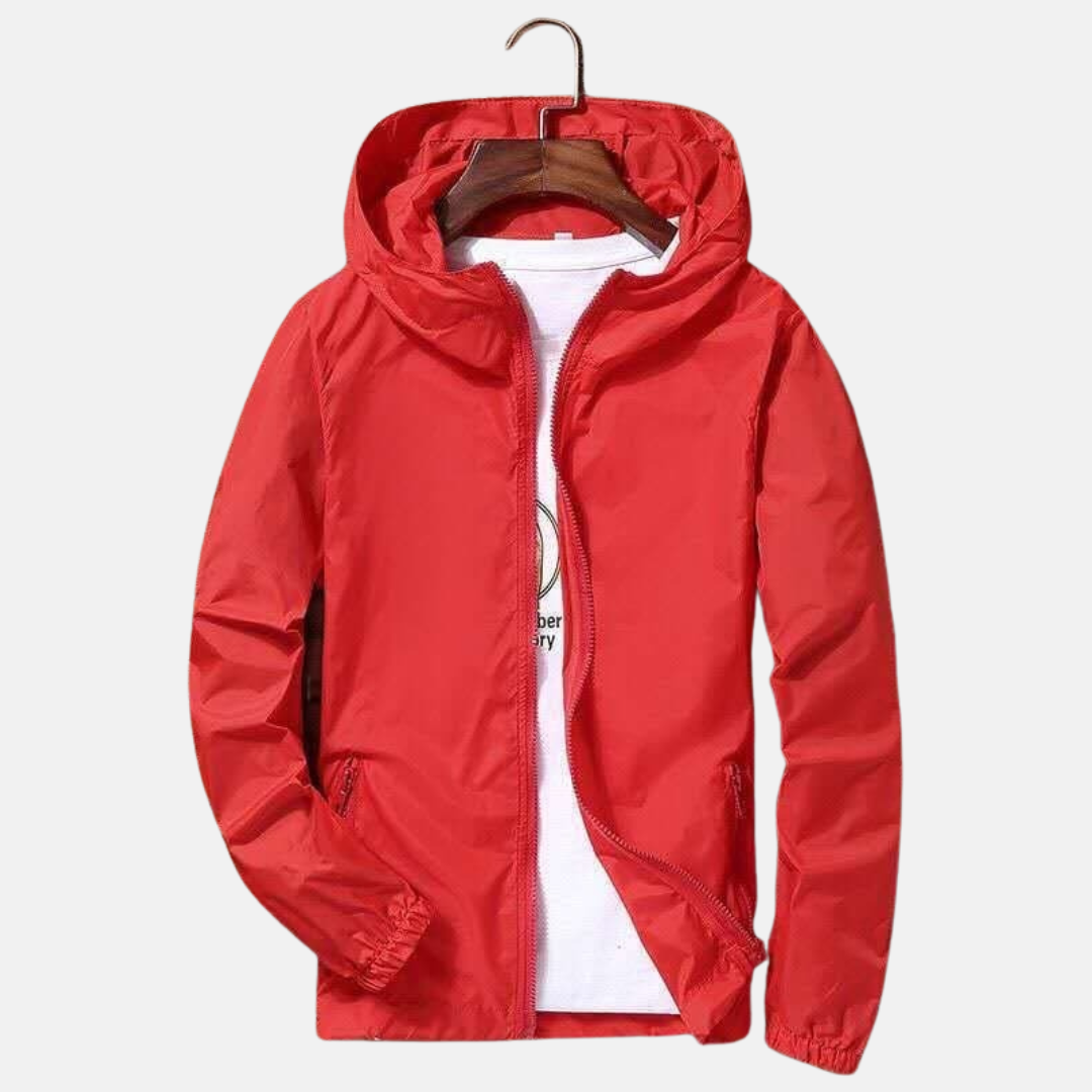 Men's navy blue hooded windbreaker regular fit full-zip casual hip-length elastic hem