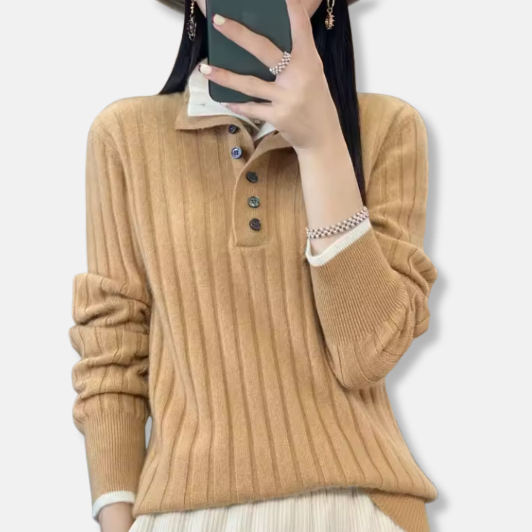 Women's ribbed knit polo collar pullover sweater with four-button placket in classic neutral tone