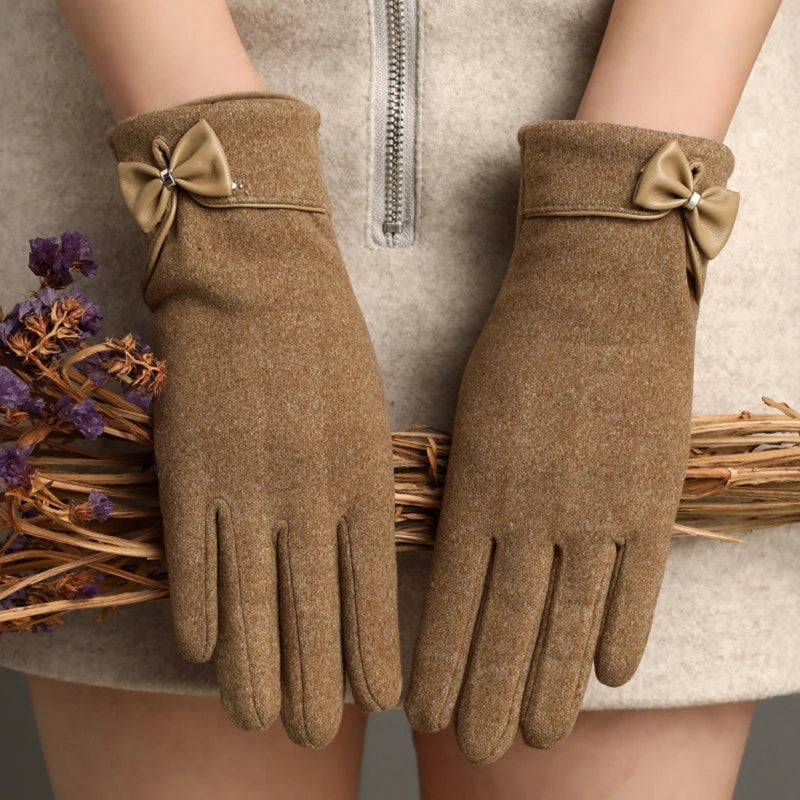 Women's cozy suede winter gloves with wrist bow detail, touchscreen fingertips, thermal fleece lining