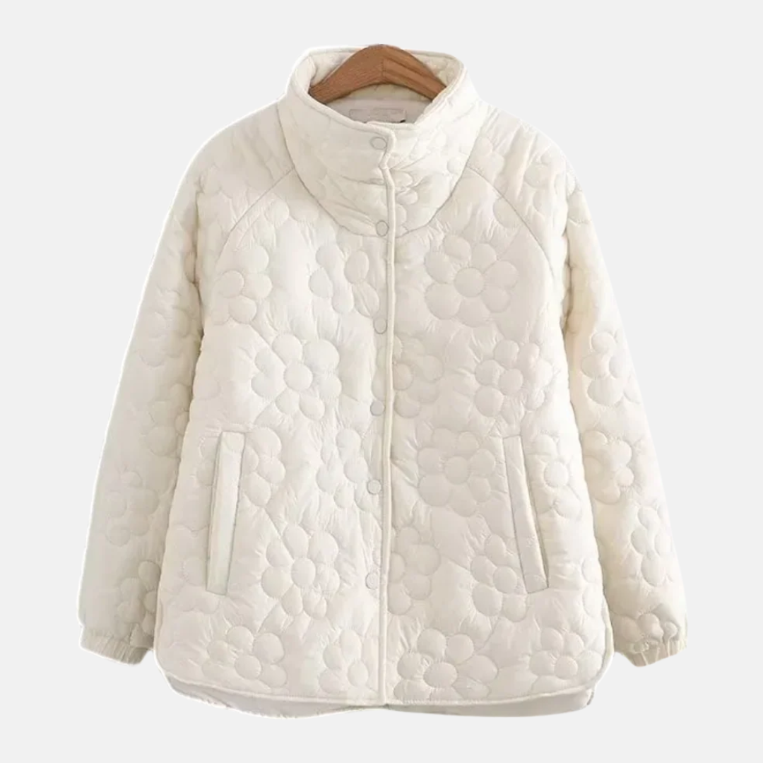 Women's quilted floral PU-leather jacket stand collar relaxed fit hip-length elegant outerwear