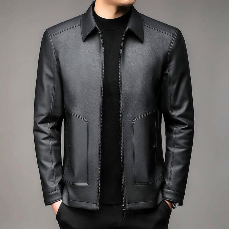 Varyn black vegan leather jacket zip-up business casual slim fit modern silhouette unisex