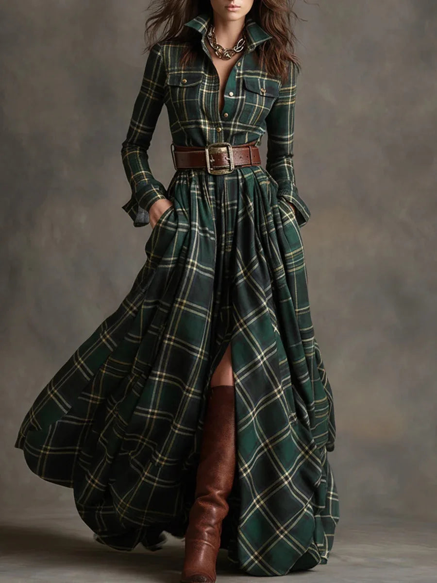 Plaid maxi dress with belted waist, structured collar, flap pockets, and full-length flowy silhouette