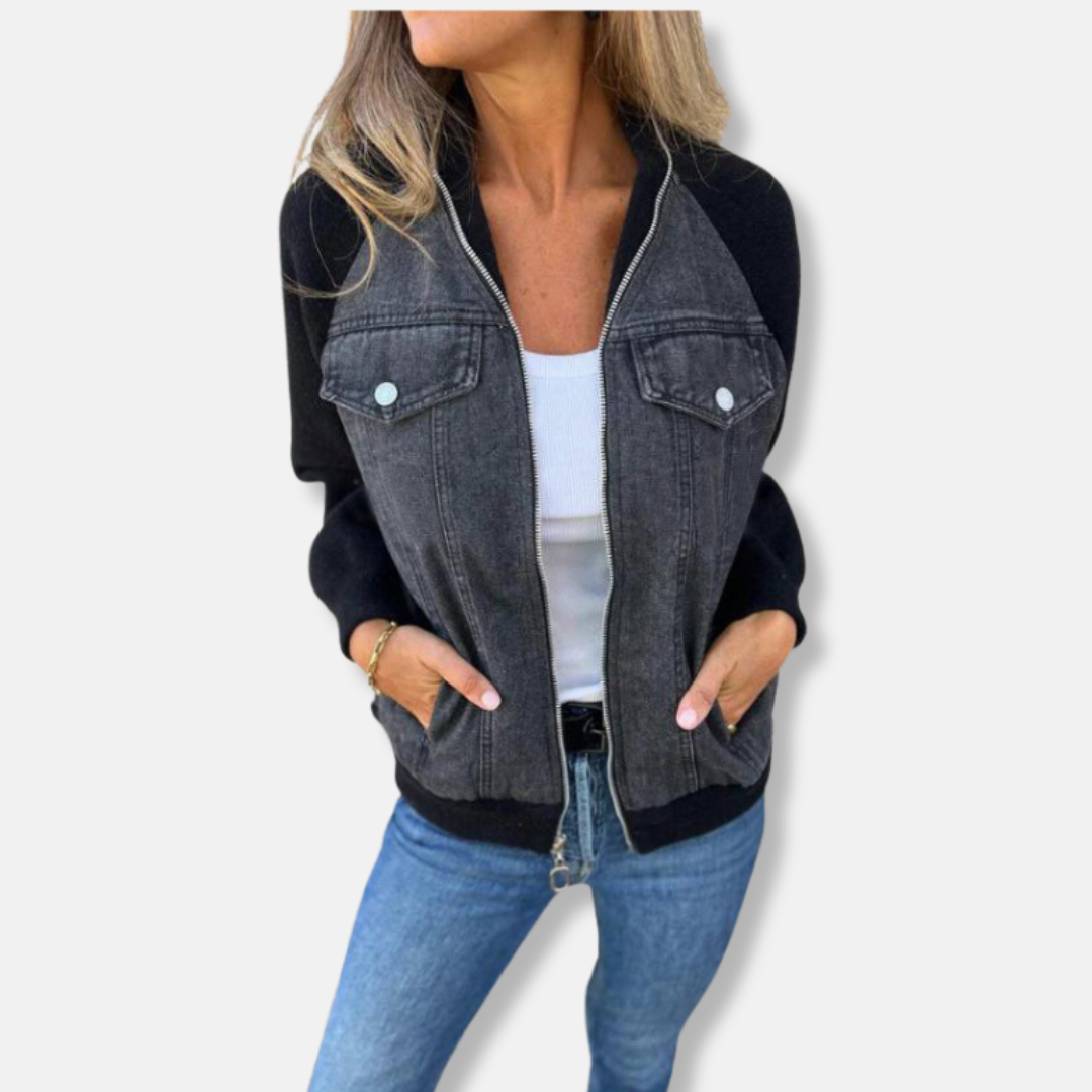 Women's relaxed-fit wool-look bomber jacket with denim details and zipper closure urban chic style