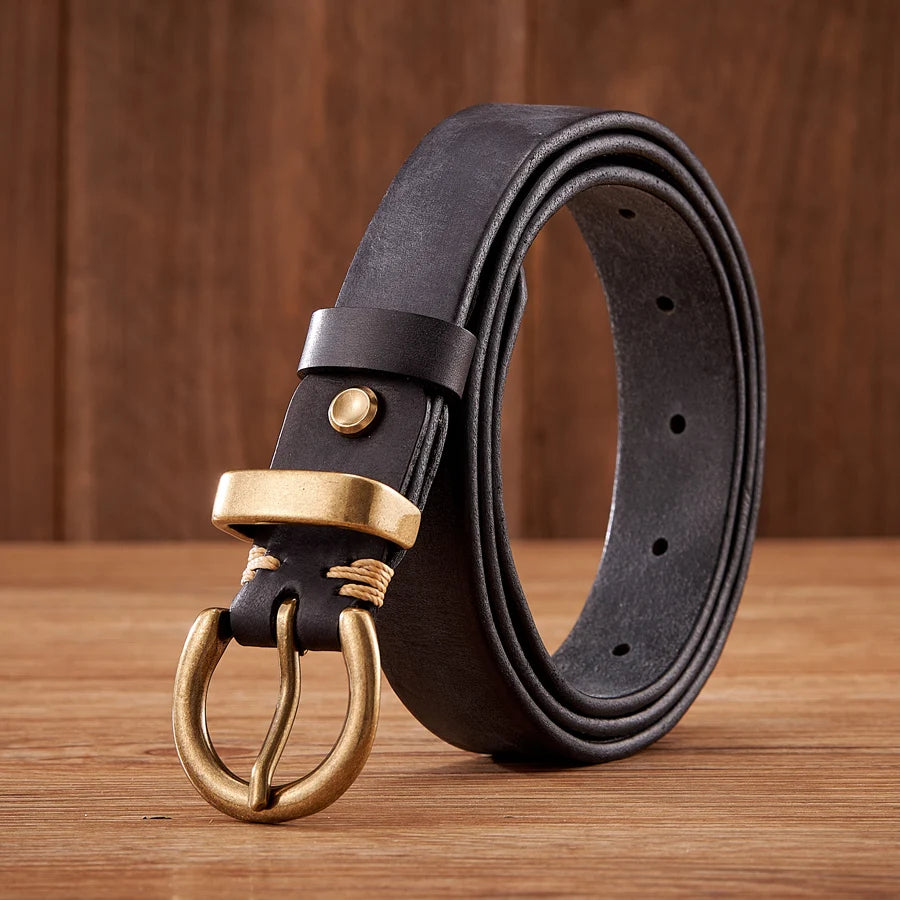 Full-grain leather belt with solid brass buckle, handstitched waxed thread, antique finish, timeless style