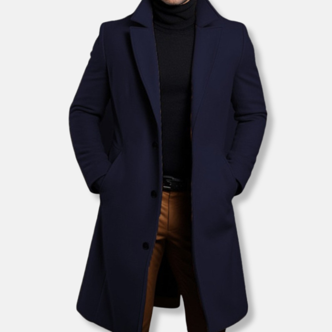 Men's charcoal wool-blend trench coat tailored fit knee-length single-breasted classic silhouette