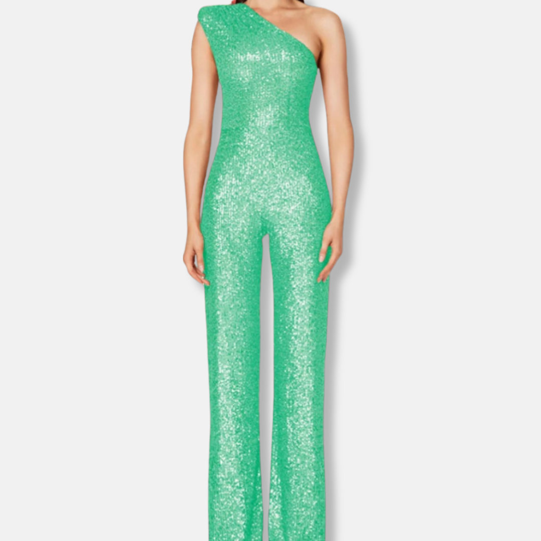 Women's silver sequined one-shoulder wide-leg jumpsuit sleeveless glamorous eveningwear silhouette
