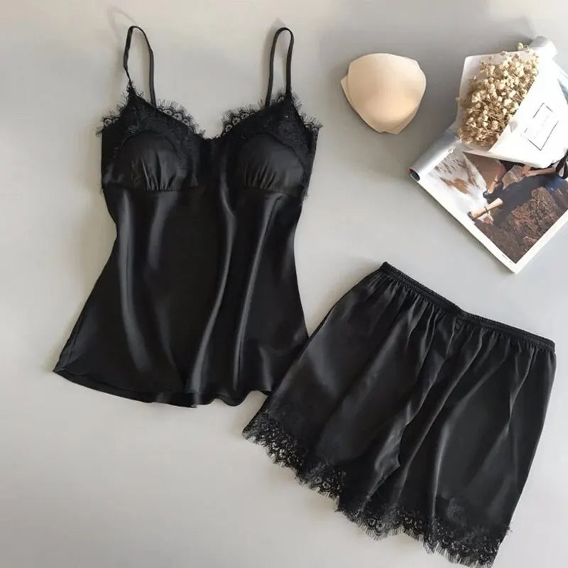 Black silk camisole and shorts sleepwear set for women with delicate lace trim details