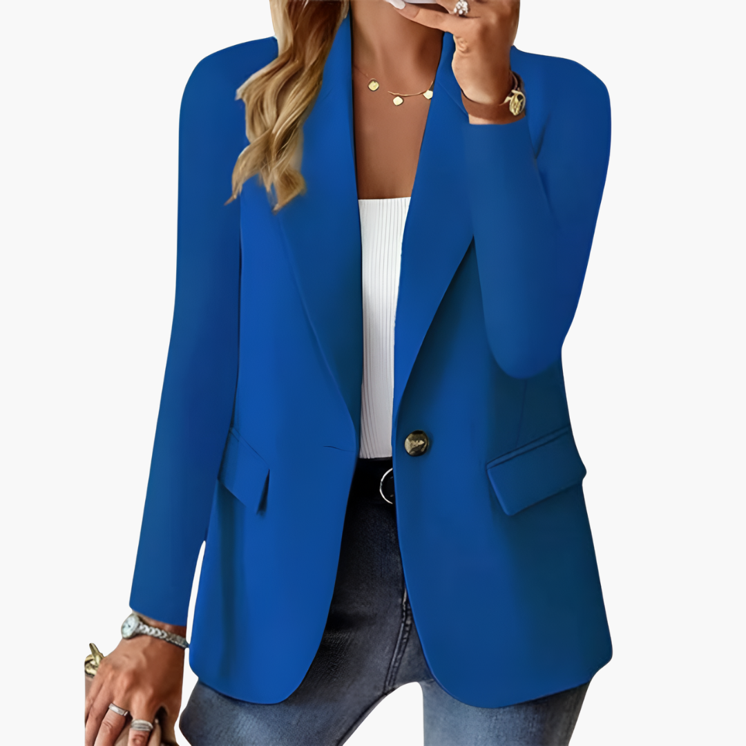 Women's structured blazer with notched lapel, single button front, hip-length professional office wear