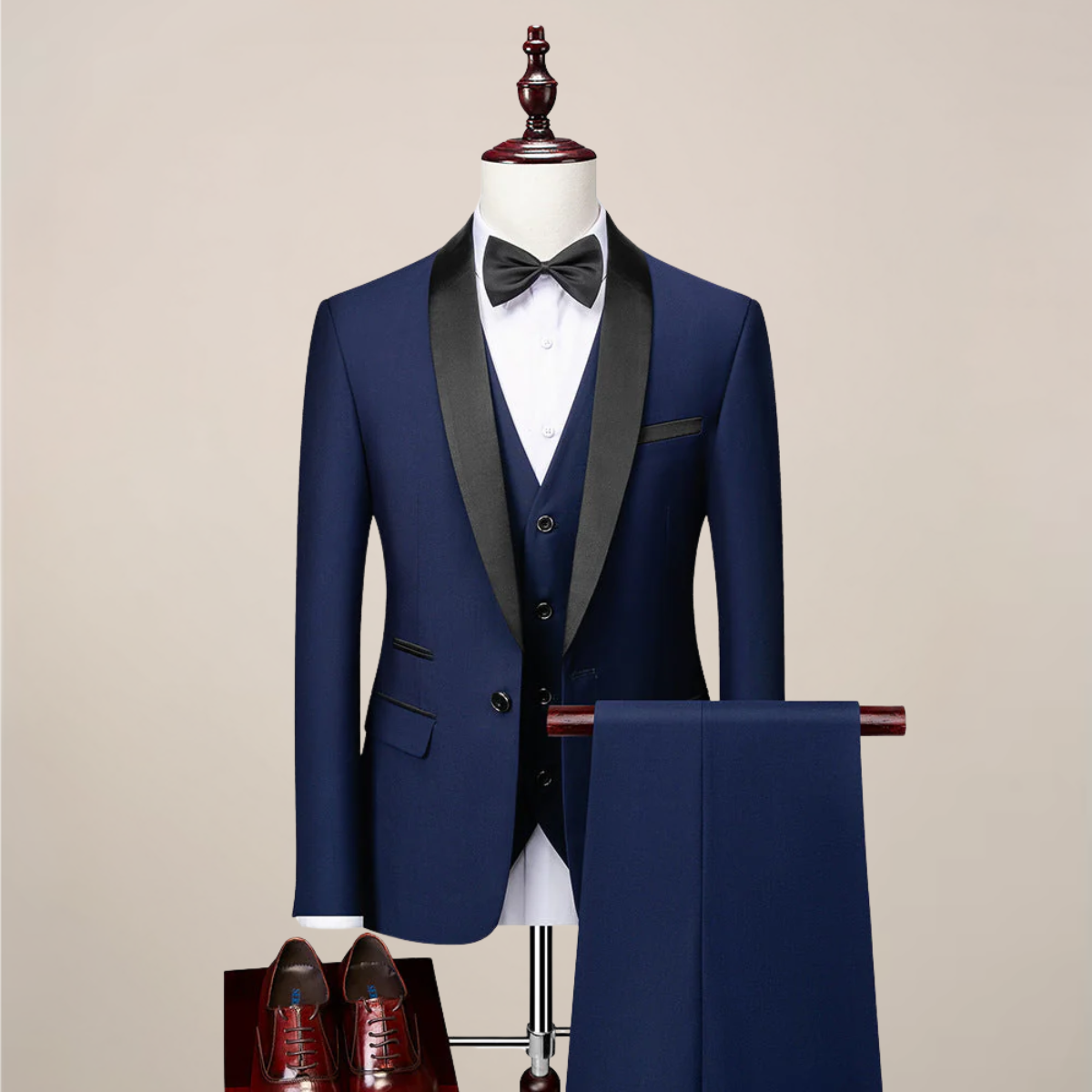 Men's slim fit three-piece dinner suit with contrast shawl lapels, tailored for weddings and black-tie events