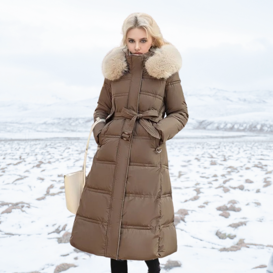 Women's long belted puffer coat elegant winter insulation flattering silhouette cozy warm full-length